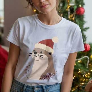 Camiseta Lontra fofa com chapéu de Natal, Animal de Festa