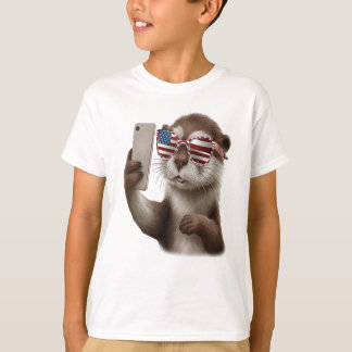 Camiseta lontra fofa com óculos de bandeira americana