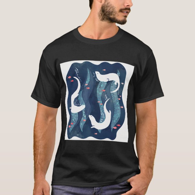 Camiseta Lontras nadando em azul-marinho (Frente)
