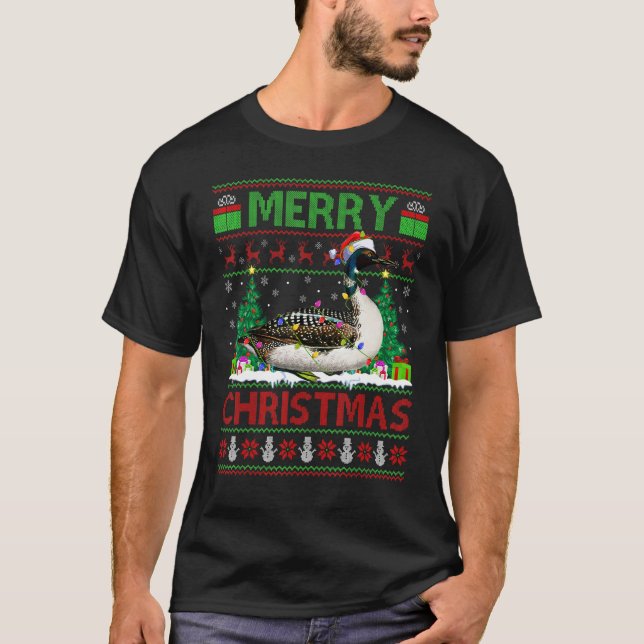 Camiseta Loon Bird  Xmas Tree Lights Ugly Santa Loon Christ (Frente)