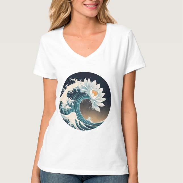 Camiseta Lotus Branco e Onda Oceânica - Elegância em movime (Frente)