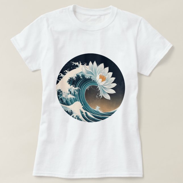 Camiseta Lotus Branco e Onda Oceânica - Elegância em movime (Frente do Design)