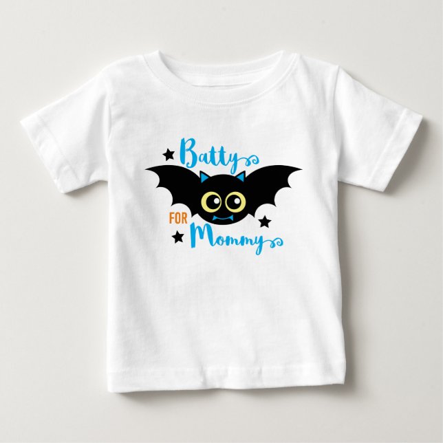 Camiseta Louco pela Mamãe Cute 1º Halloween Morcego Azul (Frente)