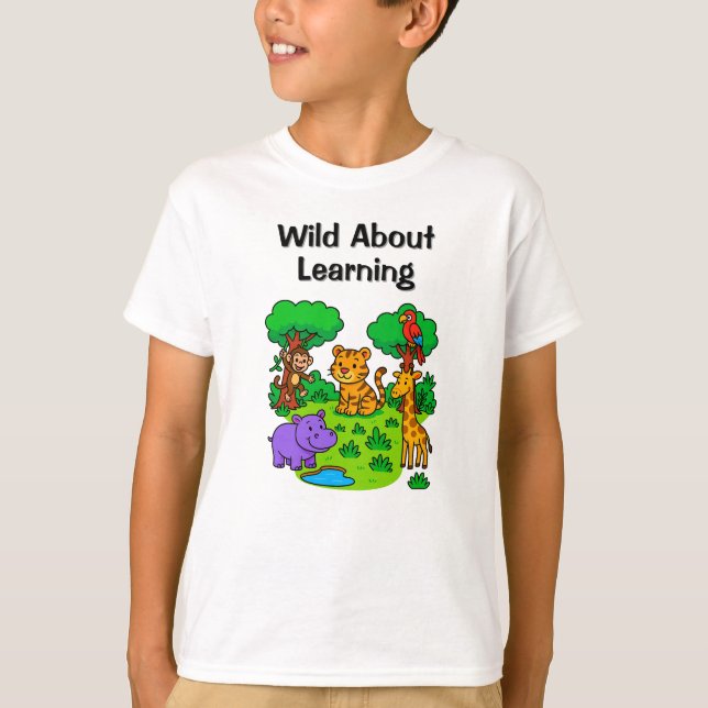 Camiseta Louco por Aprender – Selva Design para Crianças (Frente)