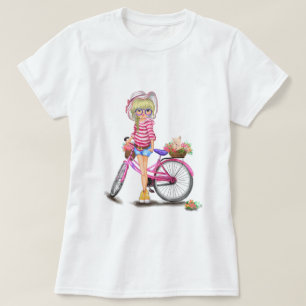 Camiseta Loura-branca e bicicleta cor-de-rosa com gato nas
