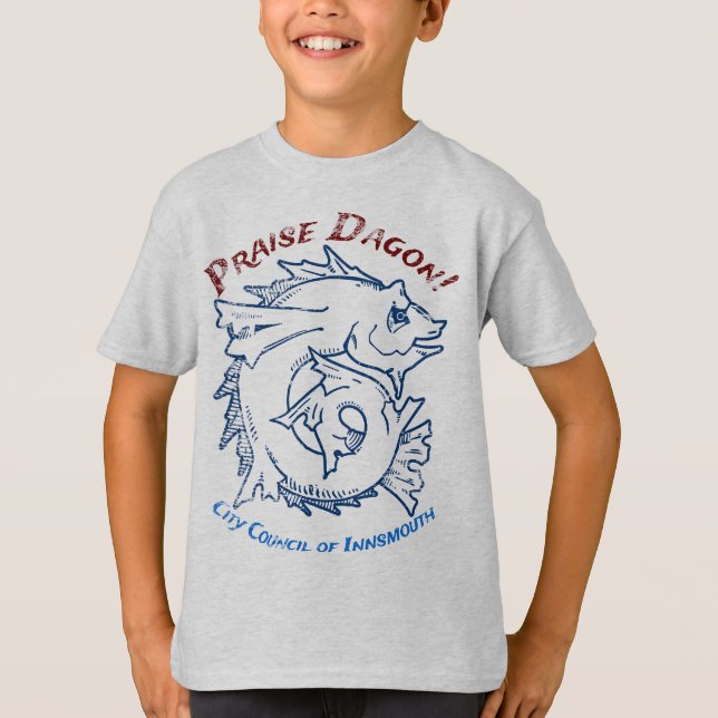 Camiseta Louvado Dagon Innsmouth Lovecraft Horror de Peixes (Frente)