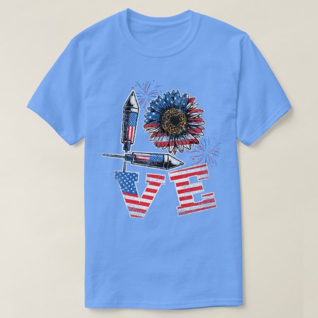 Camiseta Love American Flag Sunflower 4th Of July Premium  (Frente do Design)