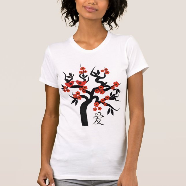 Camiseta Love Birds Sakura cerejeira símbolo de amor chinês (Frente)