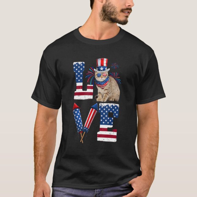 Camiseta LOVE Costume American Flag Fireworks Scottish Fold (Frente)