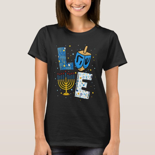 Camiseta LOVE Cute Hanukkah Decorations Dreidel Menorah Cha (Frente)