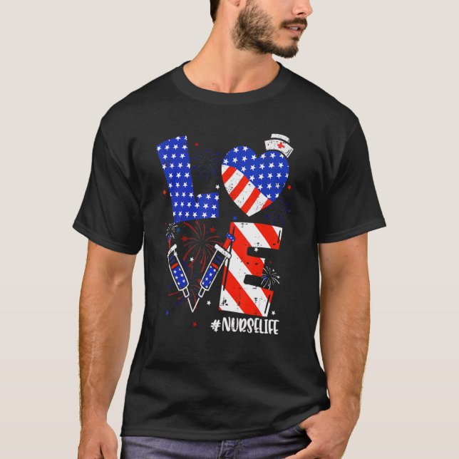 Camiseta Love Enfermeira Vida Patriótica 4º De Julho Rn Ame (Frente)