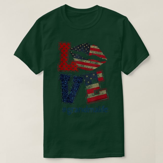 Camiseta Love Grandma Life Kiss Lábios American Flag (Frente do Design)