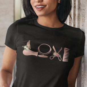 Camiseta LOVE Hair Stylist Hairdresser Rosa tesoura Dourada
