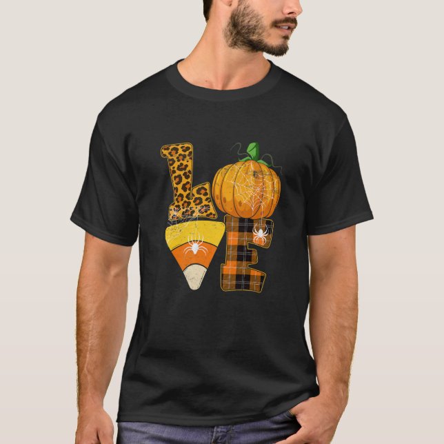Camiseta LOVE Halloween Pumpkin Funny Corn Candy Corn Leopa (Frente)