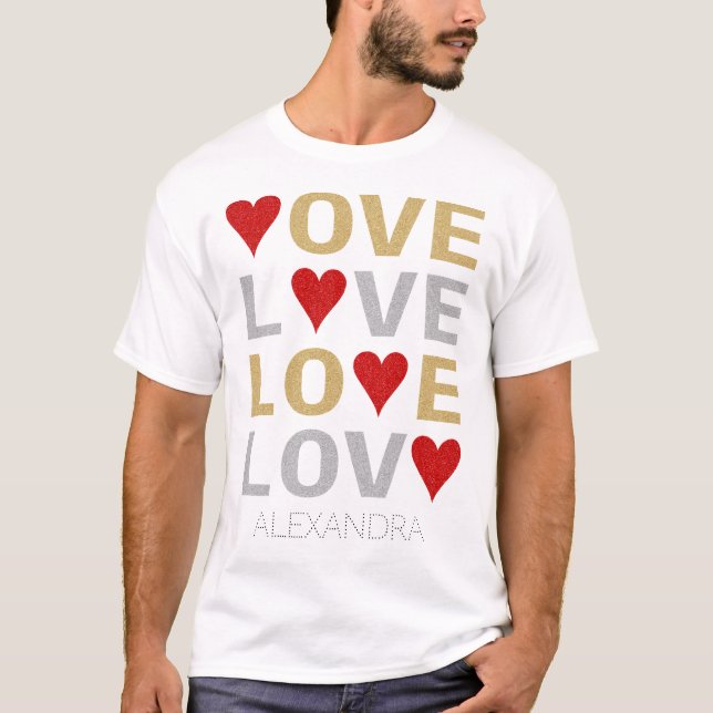 Camiseta Love Heart Red Dourado Silver Glitter Name Persona (Frente)