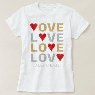Camiseta Love Heart Red Dourado Silver Glitter Name Persona