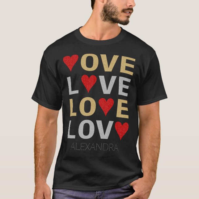 Camiseta Love Heart Red Dourado Silver Glitter Nome Persona (Frente)