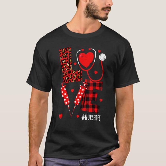 Camiseta Love Heart Stethoscope Nurse Life Leopard Valentin (Frente)