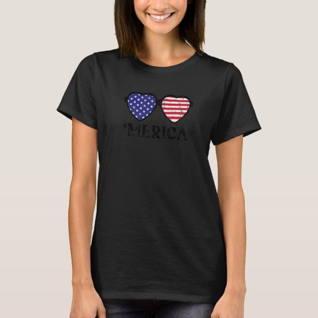 Camiseta Love Heart Sunglass Graphic 4 de julho Usa Flag (Frente)