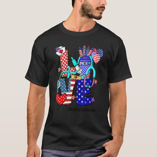 Camiseta Love Hecare Worker Stethoscope Fireworks Usa F (Frente)
