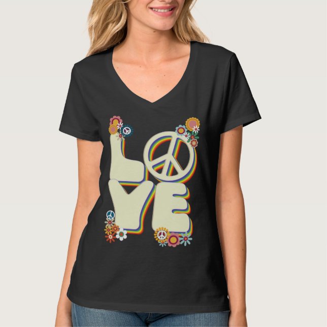 Camiseta Love Hippie Peace Sign Flowers Groovy 60s 70s Retr (Frente)