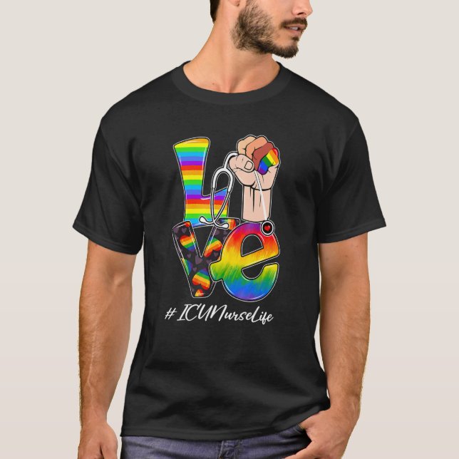Camiseta Love Icu Enfermeira Vida Lgbt Orgulho gay Rainbow  (Frente)