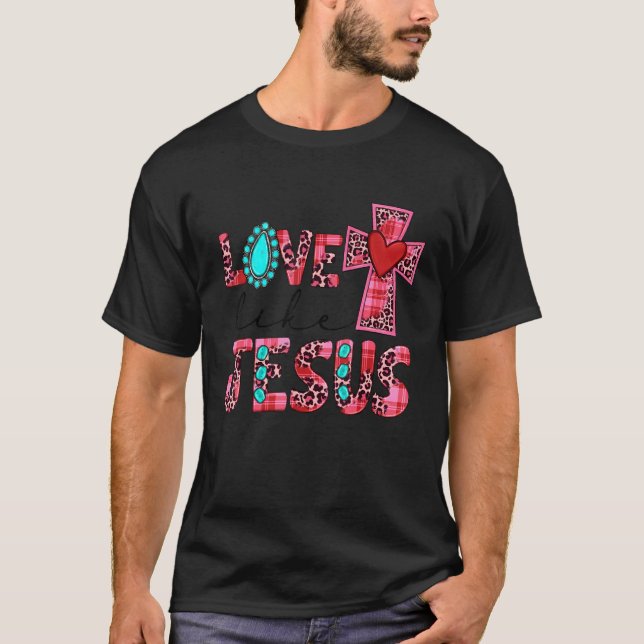 Camiseta Love Like Jesus Pink Leopard Plaid Christian Valen (Frente)