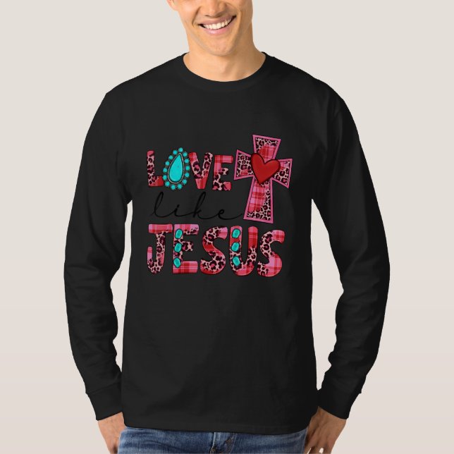 Camiseta Love Like Jesus Pink Leopard Plaid Christian Valen (Frente)
