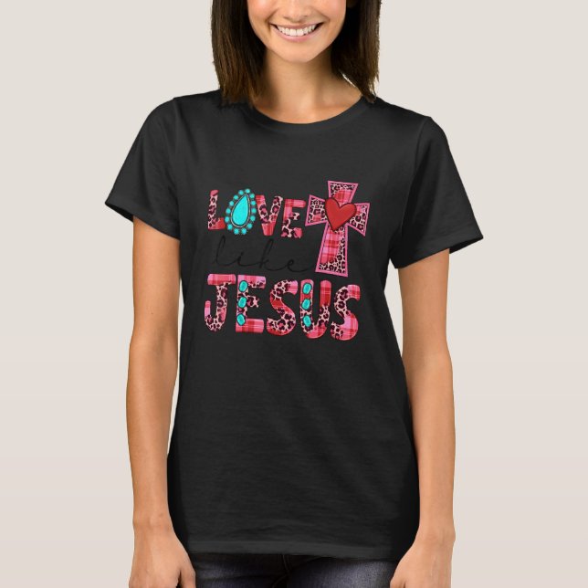 Camiseta Love Like Jesus Pink Leopard Plaid Christian Valen (Frente)