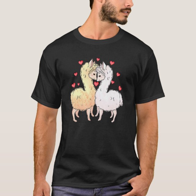 Camiseta Love Llama Couples Hearts Retro Groovy 70s Valenti (Frente)