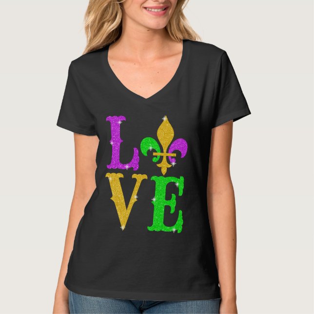 Camiseta LOVE Mardi Gras Fleur De Lys New Orleans Carnival  (Frente)