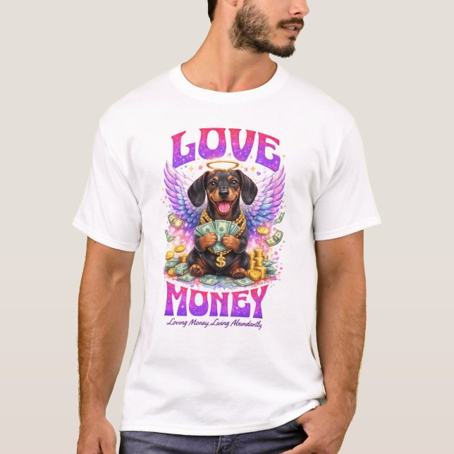 Camiseta Love Money Angel Dachshund Dog Abundance Art (Frente)