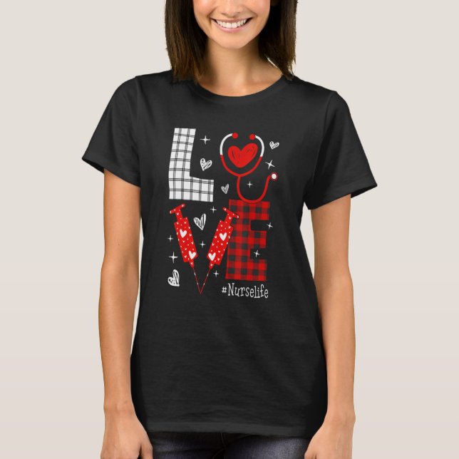 Camiseta LOVE Nurse Life Buffalo Plaid Valentine Day Nursin (Frente)