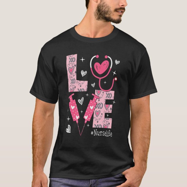 Camiseta LOVE Nurse Life Pink Heart Valentine Day Nursing W (Frente)