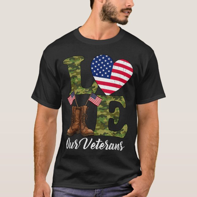 Camiseta Love Our Veterans Usa Flag Heart Patriotic Army Mi (Frente)