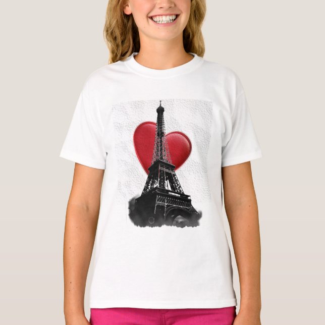 Camiseta Love Paris Red Heart Eiffel Tower (Frente)