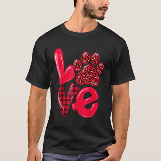 Camiseta LOVE Paw Dog Cat Leopard Red Plaid Valentines Day  (Frente)