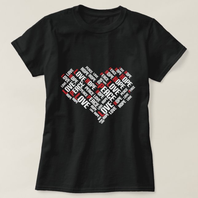 Camiseta LOVE PEACE HOPE Chic Na moda Word Cloud (Frente do Design)