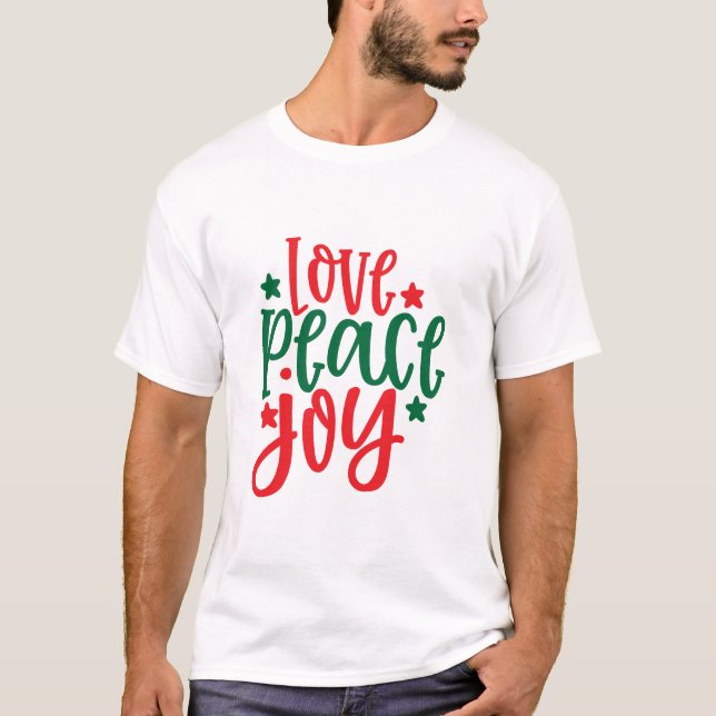 Camiseta Love Peace Joy Red Green Typografia (Frente)
