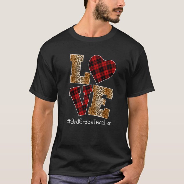 Camiseta LOVE Plaid Red Leopard 3rd Grade Teacher Valentine (Frente)