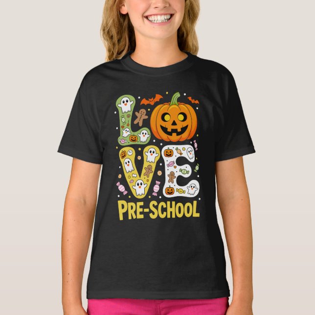 Camiseta Love Preschool Halloween Teacher Ghost Pumpkin (Frente)