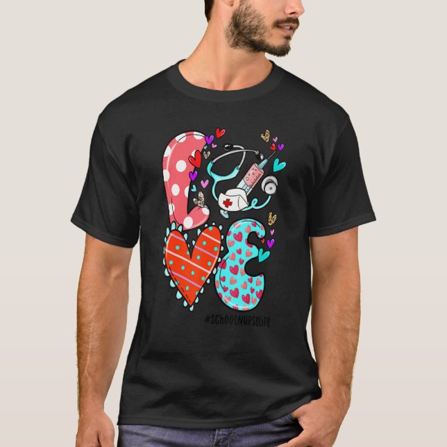 Camiseta LOVE School Nurse Life Leopard Heart Valentine's D (Frente)