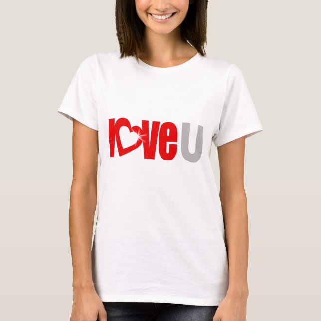 Camiseta "Love U" brilho branco coração vermelho e cinza (Frente)