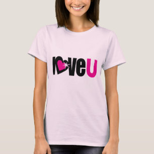 Camiseta "Love U" brilho coração branco preto e rosa quen