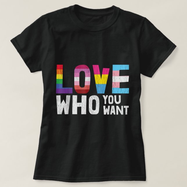 Camiseta Love Who You Want LGBTQ Lesbian Gay Bisexual Pan Q (Frente do Design)