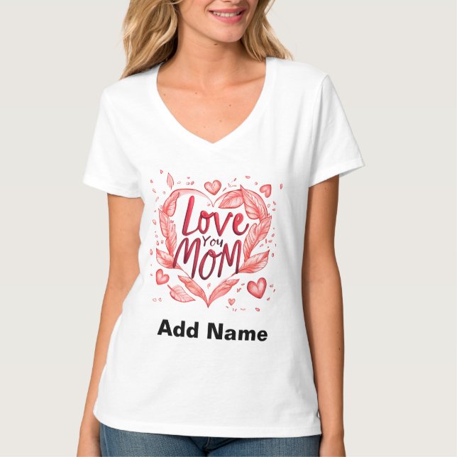 Camiseta Love You Mom Red Heart & Feathers - Customizable  (Frente)