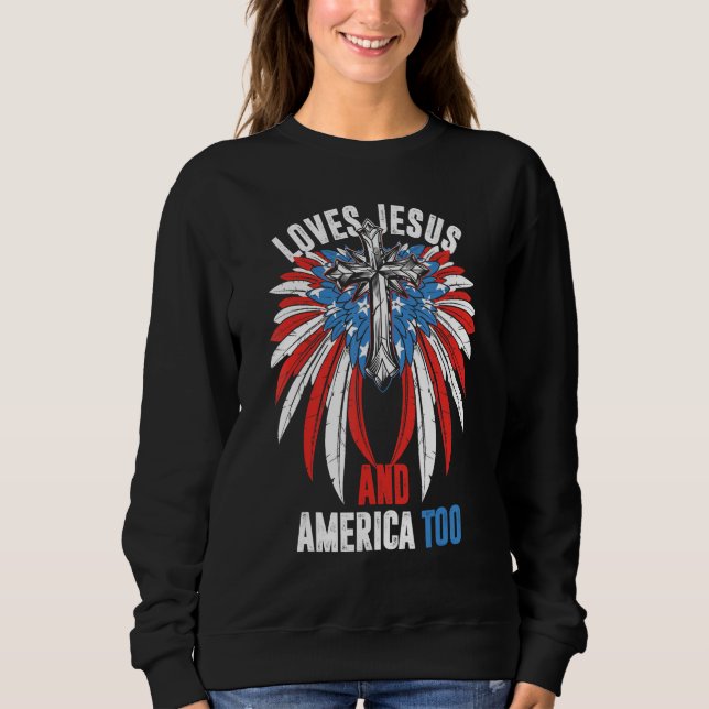 Camiseta Loves Jesus and America Too God Christian 4th of J (Frente)
