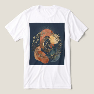 Camiseta Lua Celestial e Sol Dourado Arco Místico Botânico