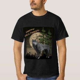 Camiseta Lua Cheia com Lobo Cinza Feliz Halloween