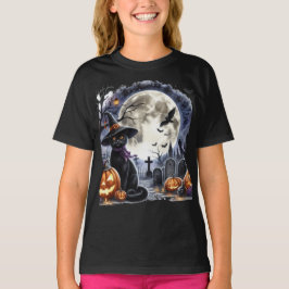 Camiseta Lua Cheia e Gato Negro de Halloween Spooky